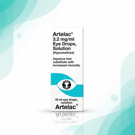 Artelac eye drops with blue and white background