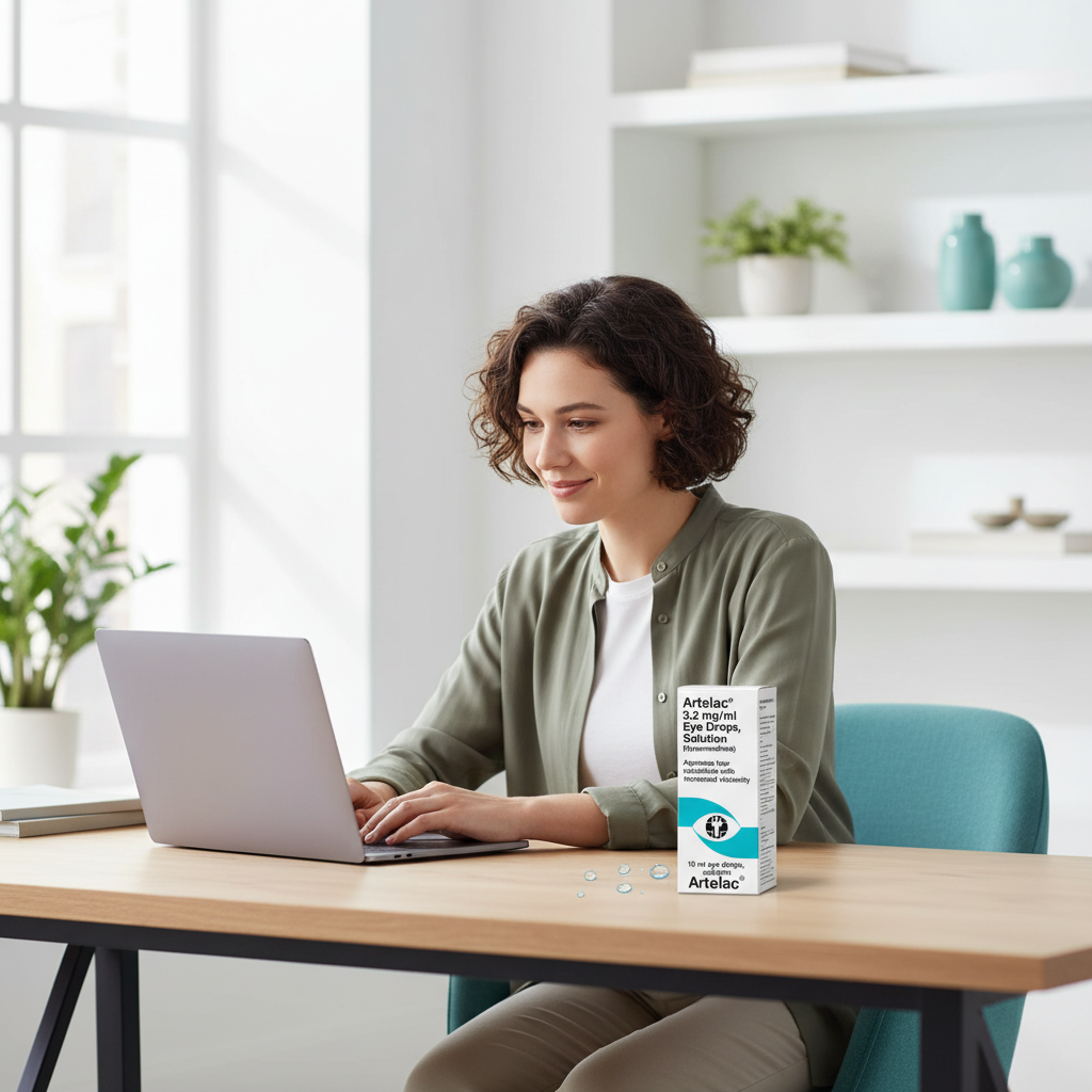 Artelac eye dops in front of lady on computer with tired eyes from computer use