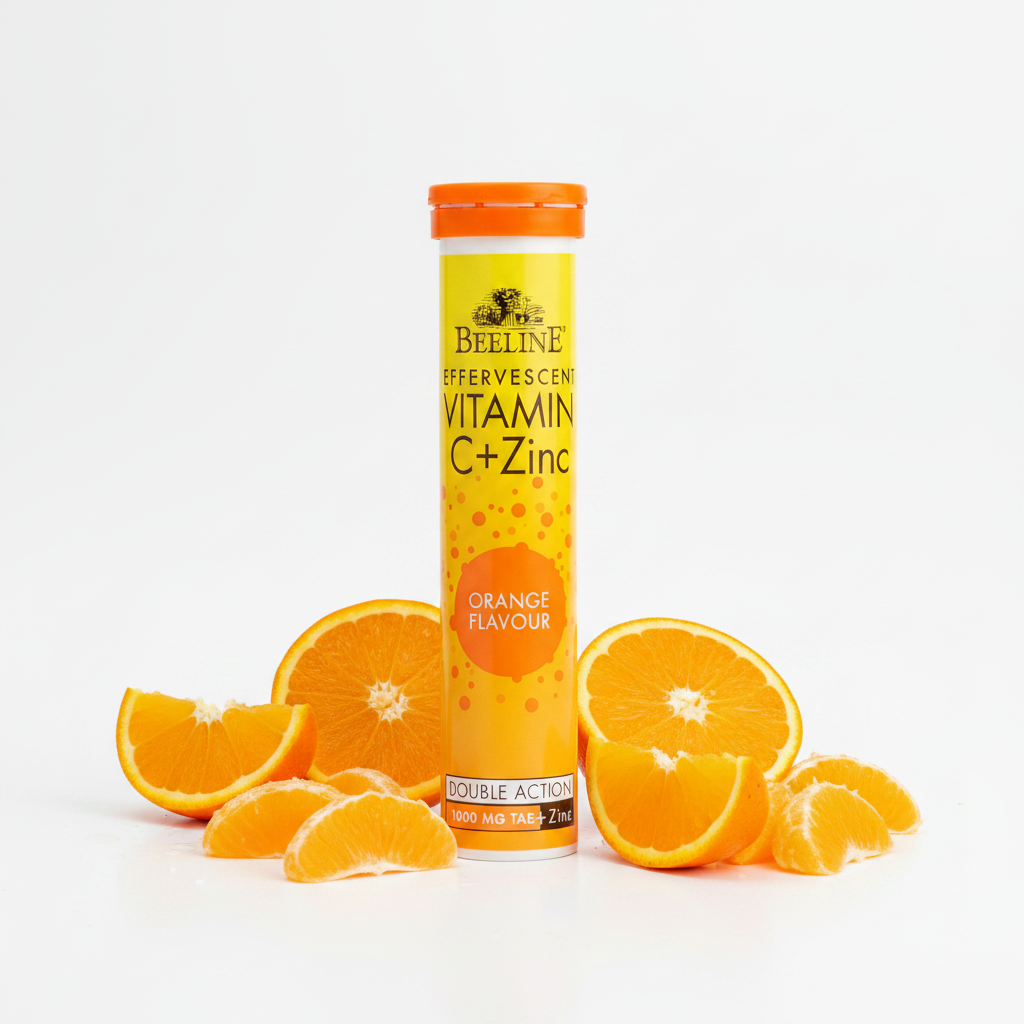 Beeline vitamin C+Zinc supplement tube with orange slices on a white background
