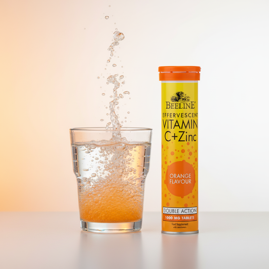 Beeline Vitamin C+Zinc effervescent tablet packaging with a glass of orange-flavored drink.