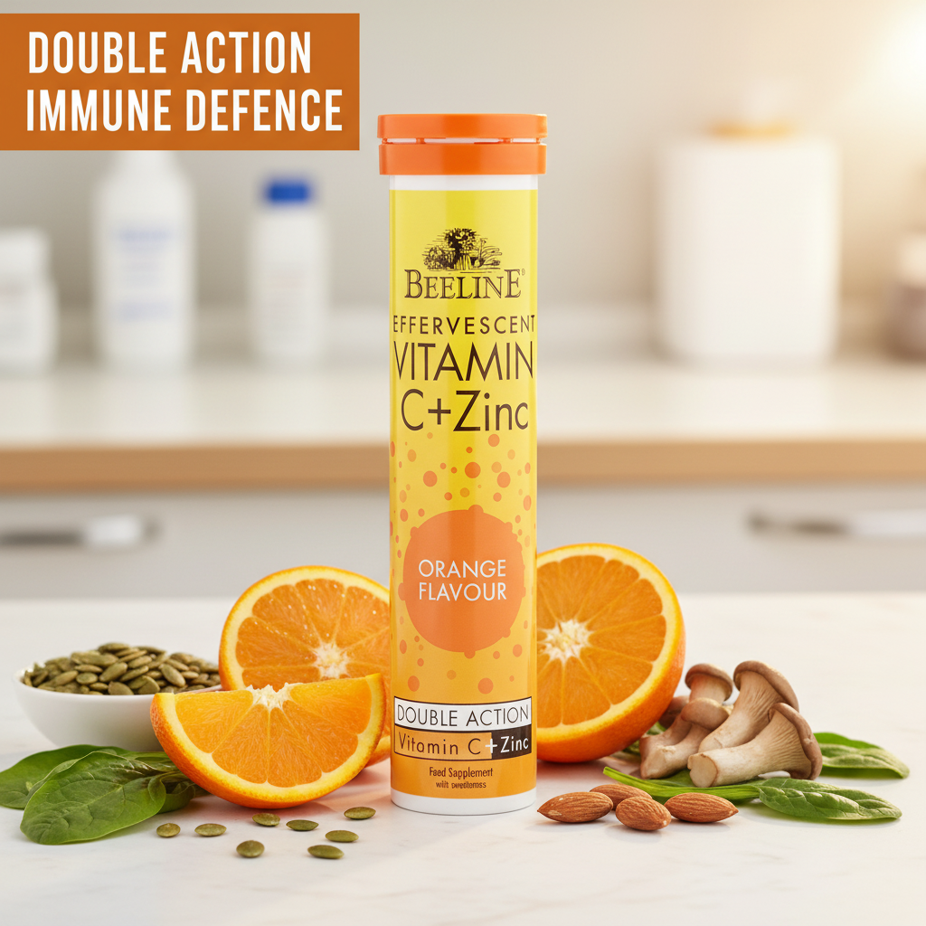 Beeline vitamin supplement bottle with oranges and nuts on a kitchen counter