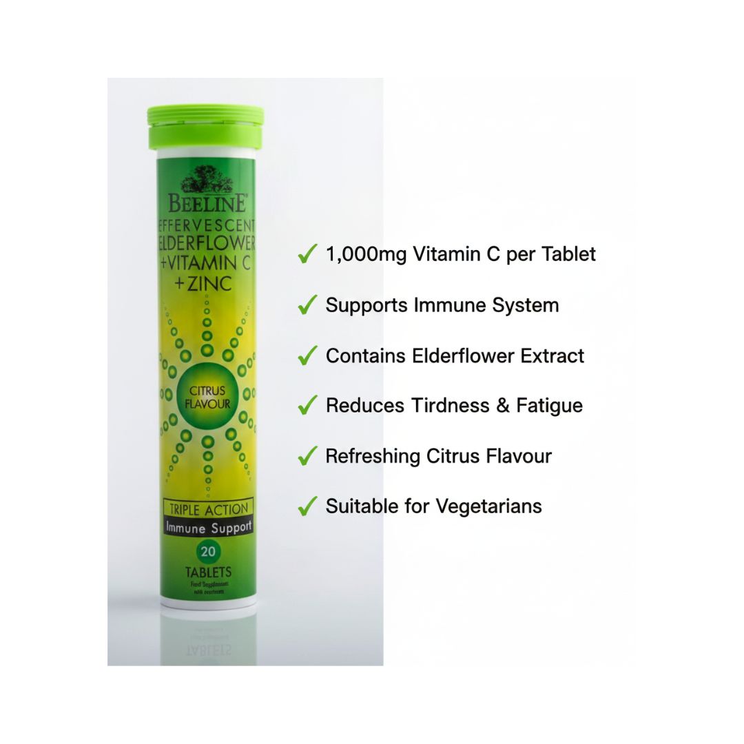 Beeline Effervescent Elederflower Tablets graphic depicting benefits