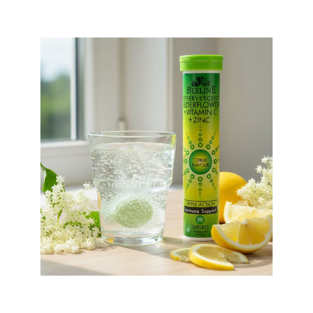 Beeline Effervescent Elederflower Tablets in use disolving in glass