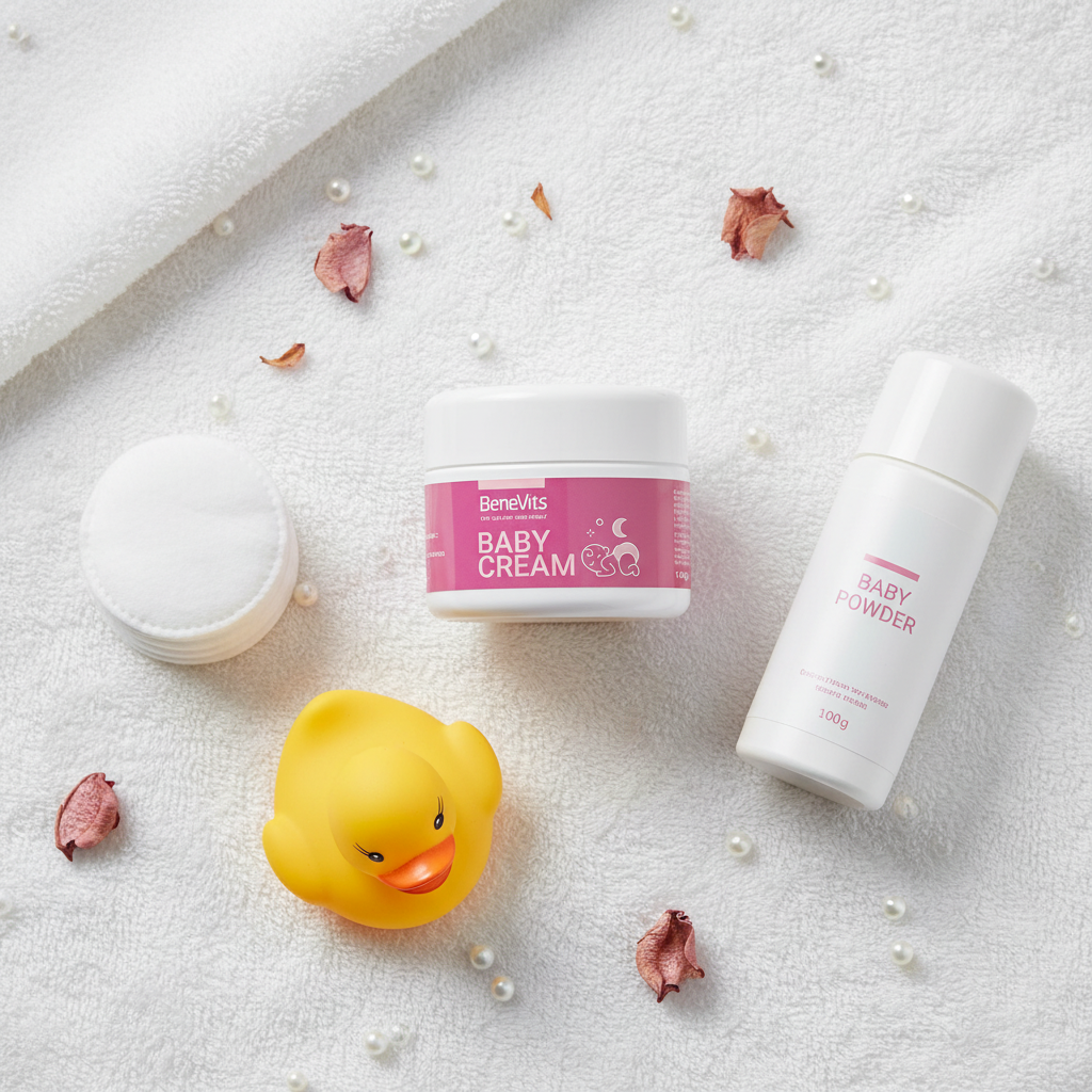 Baby care products including a jar of baby cream, bottle of baby powder, and rubber duck on a textured surface.