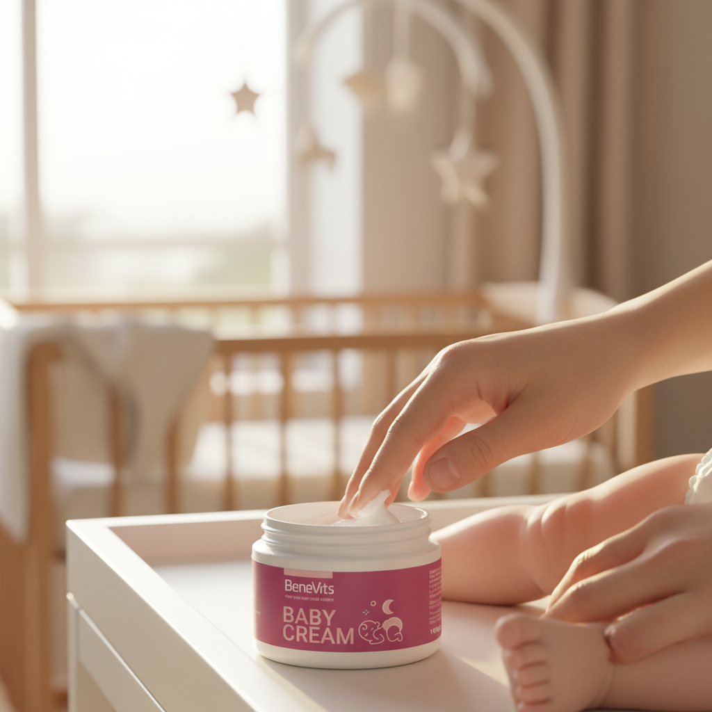 Person applying baby cream to a child's foot in a softly lit room.