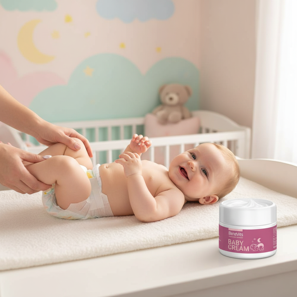 Baby lying on a changing table with a container of baby cream in the foreground, set against a crib and teddy bear in the background. BALLYDUFF