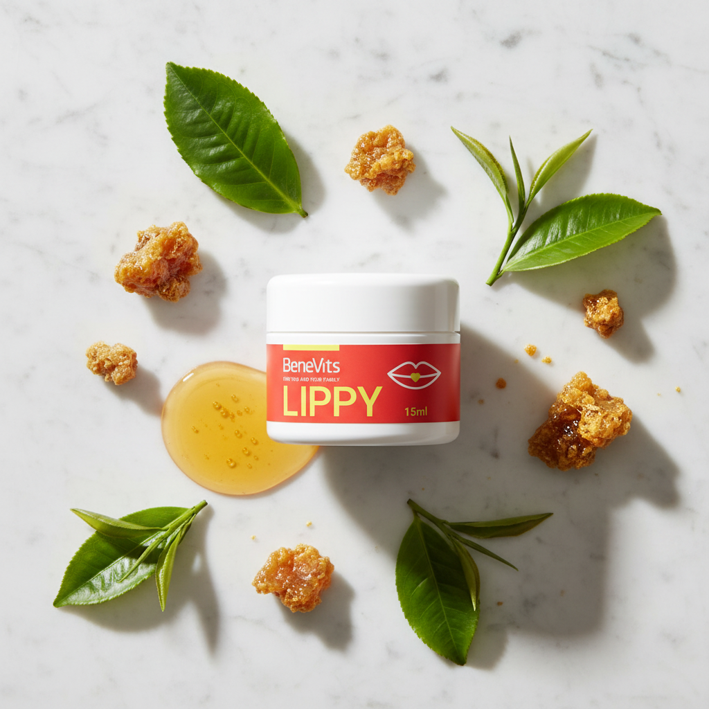 BeneVita Lippy lip balm jar with honey and leaves on a marble background