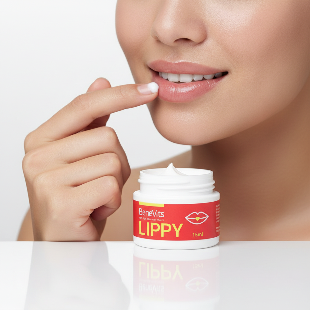 Woman applying lip balm with a jar of BeneVits Lippy lip balm in the foreground.