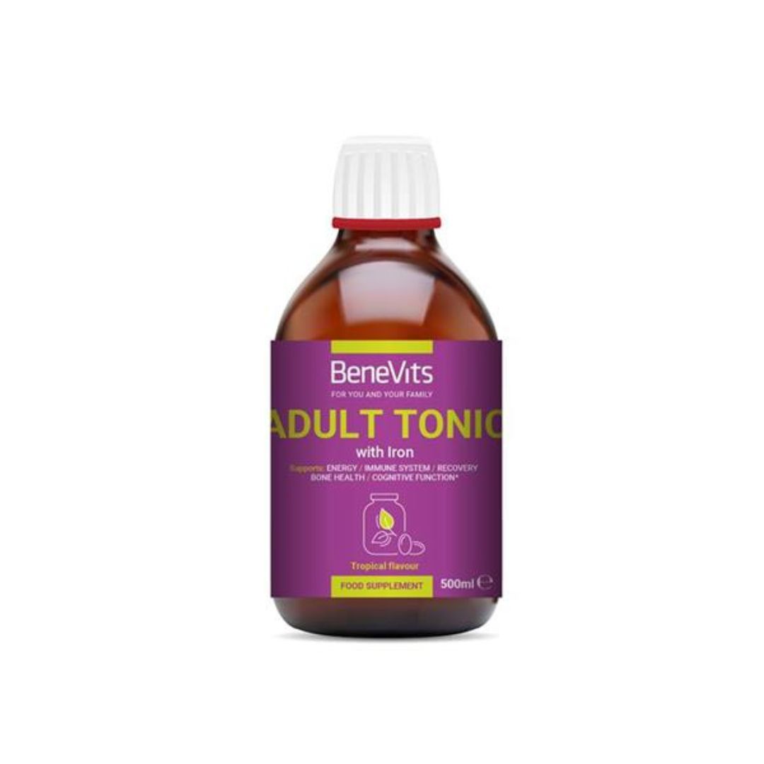 Bottle of BeneVits Adult Tonic with Iron on a white background