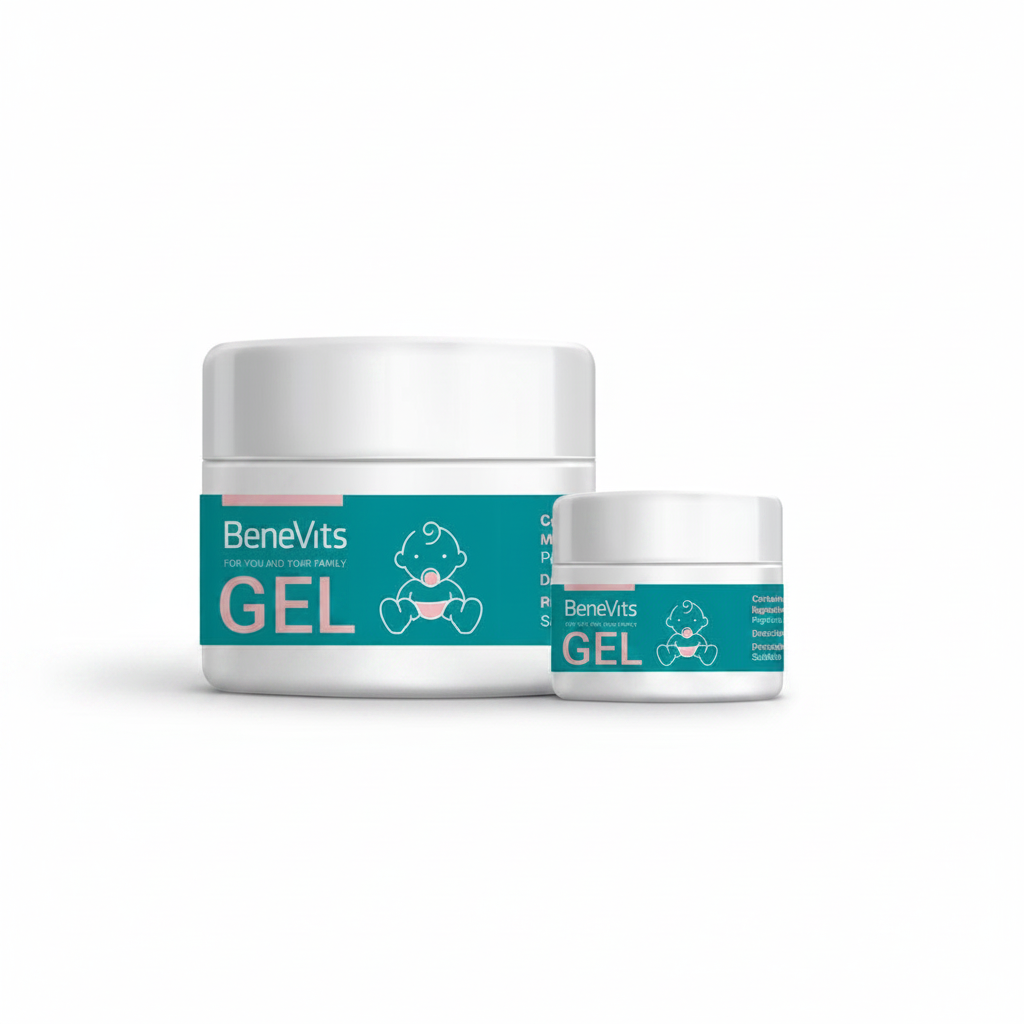 Two white plastic jars of BeneVits GEL cream, one larger and one smaller, both featuring a teal label with white text and a baby illustration, set against a plain white background.