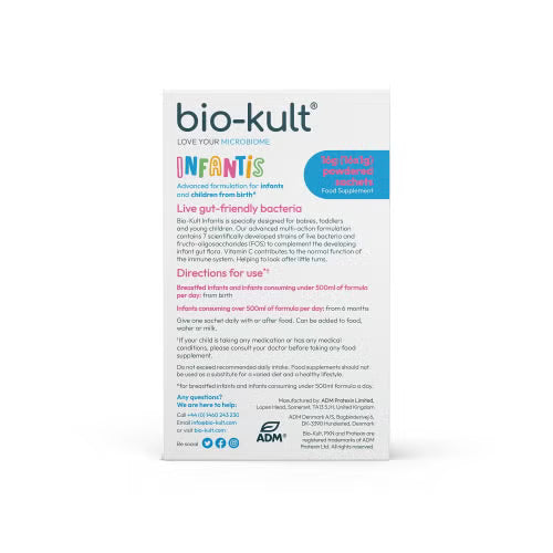 Bio-kult Infantis baby gut-friendly probiotic supplement packaging, featuring a white box with blue, pink, and green text and a blue ADM logo at the bottom.