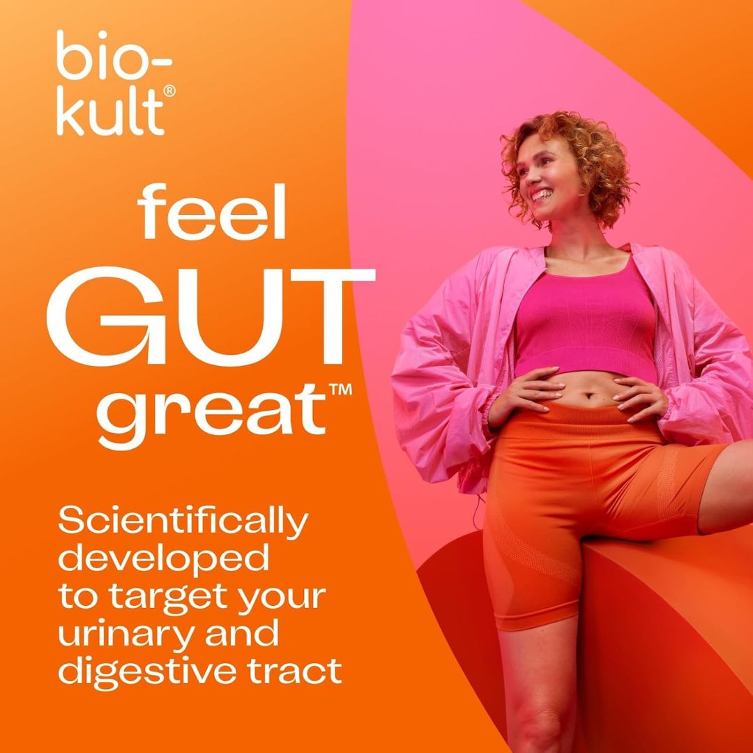 Promotional graphic for bio-kult gut health, featuring a woman in pink athletic wear on a vibrant orange and pink background with the text 'feel GUT great' and 'Scientifically developed to target your urinary and digestive tract'.