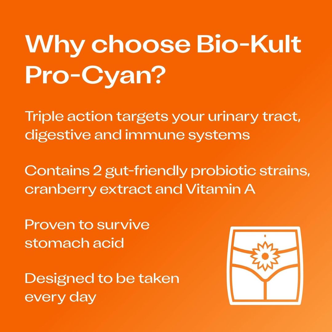 An orange promotional graphic with white text reading 'Why choose Bio-Kult Pro-Cyan?' and bullet points about urinary tract, digestive, and immune support, plus a small line drawing of a container with a flower icon.