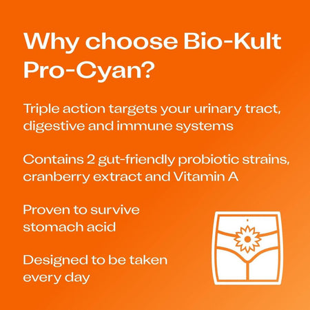 An orange promotional graphic with white text reading 'Why choose Bio-Kult Pro-Cyan?' and bullet points about urinary tract, digestive, and immune support, plus a small line drawing of a container with a flower icon.