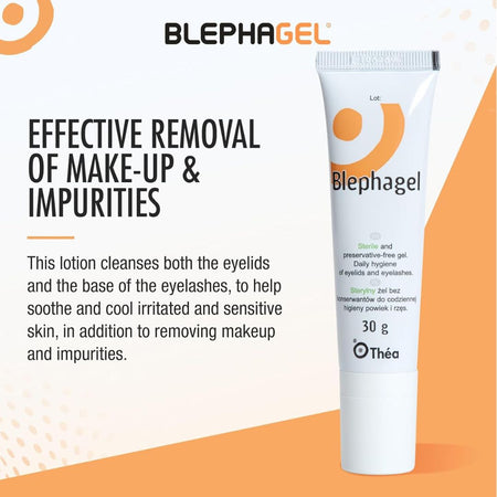 Blephagel tube with product description on an orange and white background