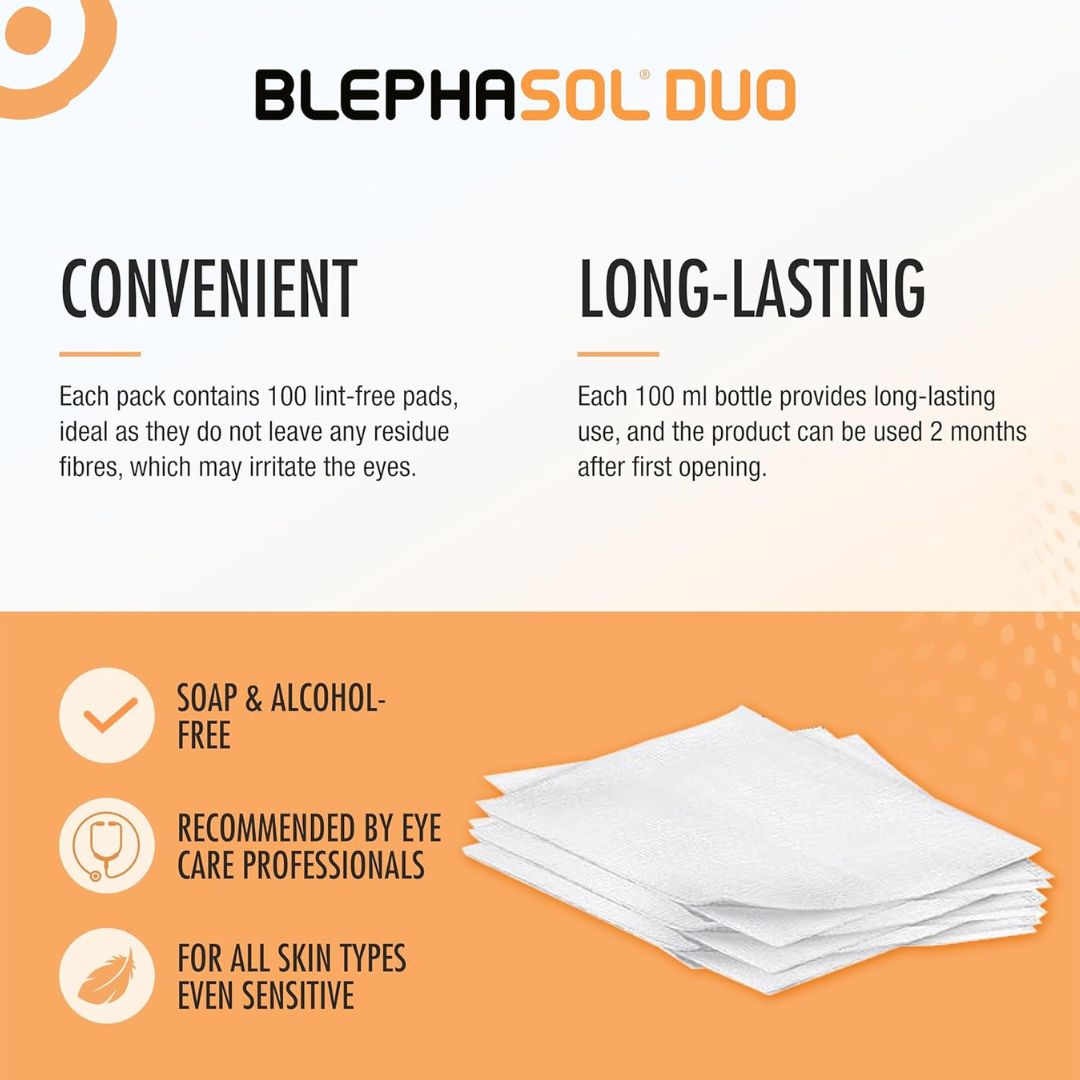Blephasol Duo product packaging with text and a stack of white pads on an orange background.