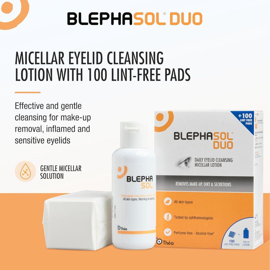 Blephasol Duo eyelid cleansing product set with bottle, packaging, and pads on a white background.