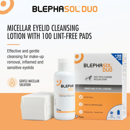 Blephasol Duo eyelid cleansing product set with bottle, packaging, and pads on a white background.