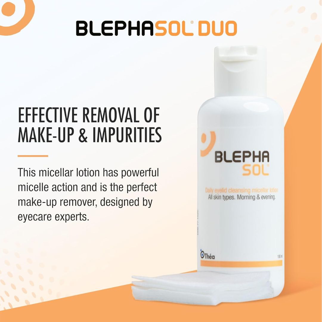 Blephasol Duo micellar lotion bottle with text on an orange and white background