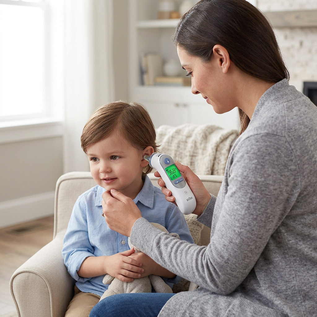 A woman sitting on a couch uses a handheld digital thermometer to check a young child's ear temperature in a bright, modern living room.
