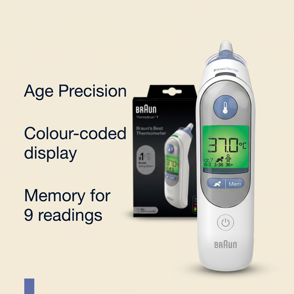 Braun BraunBest Thermometer 1 digital forehead thermometer shown next to its retail box on a light beige background, with text highlighting age precision, color-coded display, and memory for 9 readings.