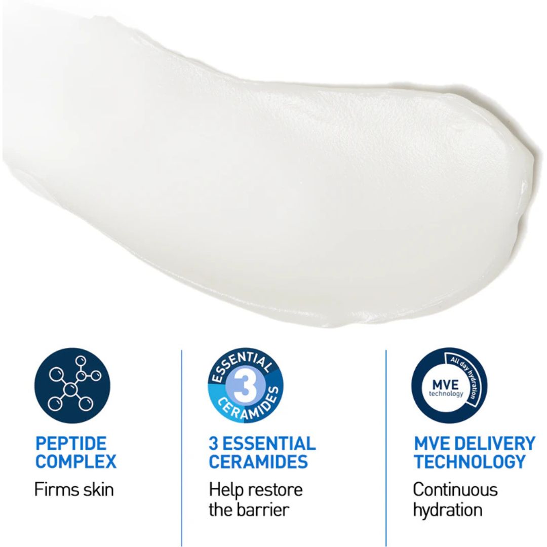 White skincare product with icons and text highlighting features on a white background