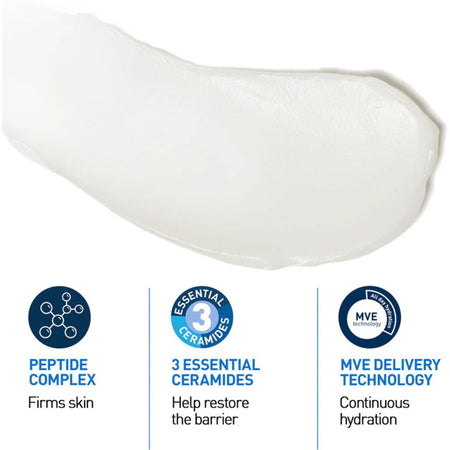 White skincare product with icons and text highlighting features on a white background