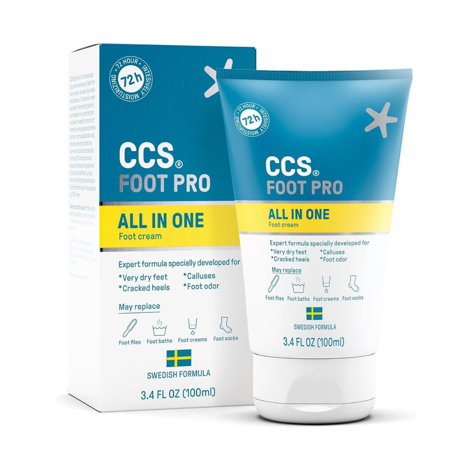 CCS Foot Pro All In One foot cream packaging, showing the blue and white product box alongside the matching squeeze tube on a clean white background.
