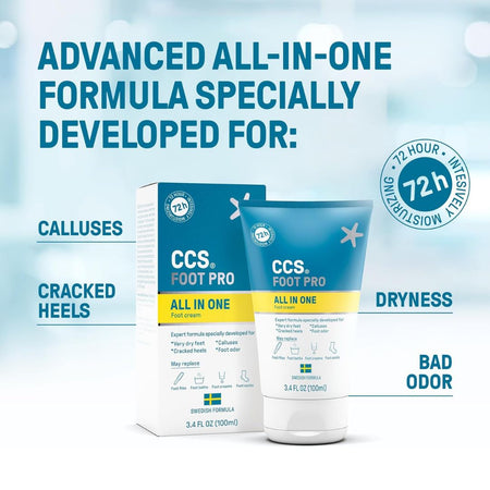 CCS Foot Pro All In One formula cream shown with its retail box and squeeze tube on a light blue background with promotional text highlighting calluses, cracked heels, dryness, and bad odor.