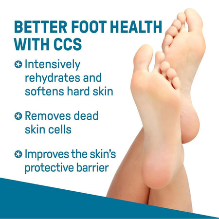 Promotional graphic for CCS foot care with text reading 'BETTER FOOT HEALTH WITH CCS' and three bullet points about rehydrating, softening, removing dead skin cells, and improving the skin's protective barrier, alongside a pair of bare feet on a white background with a blue diagonal accent.
