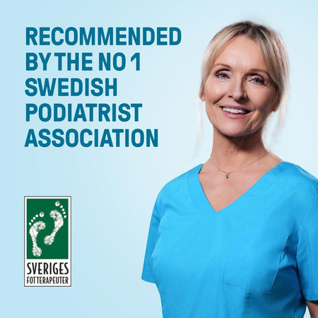 Woman in blue scrubs with text 'Recommended by the No 1 Swedish Podiatrist Association' on a light blue background