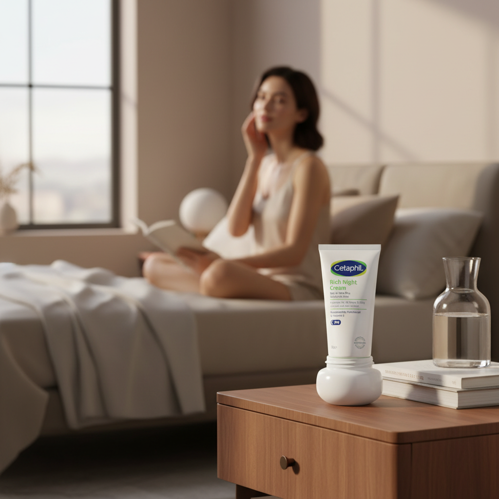 Cetaphil bedroom image with cetaphil on locker, woman in the background