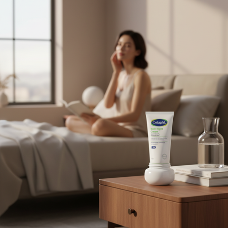 Cetaphil bedroom image with cetaphil on locker, woman in the background