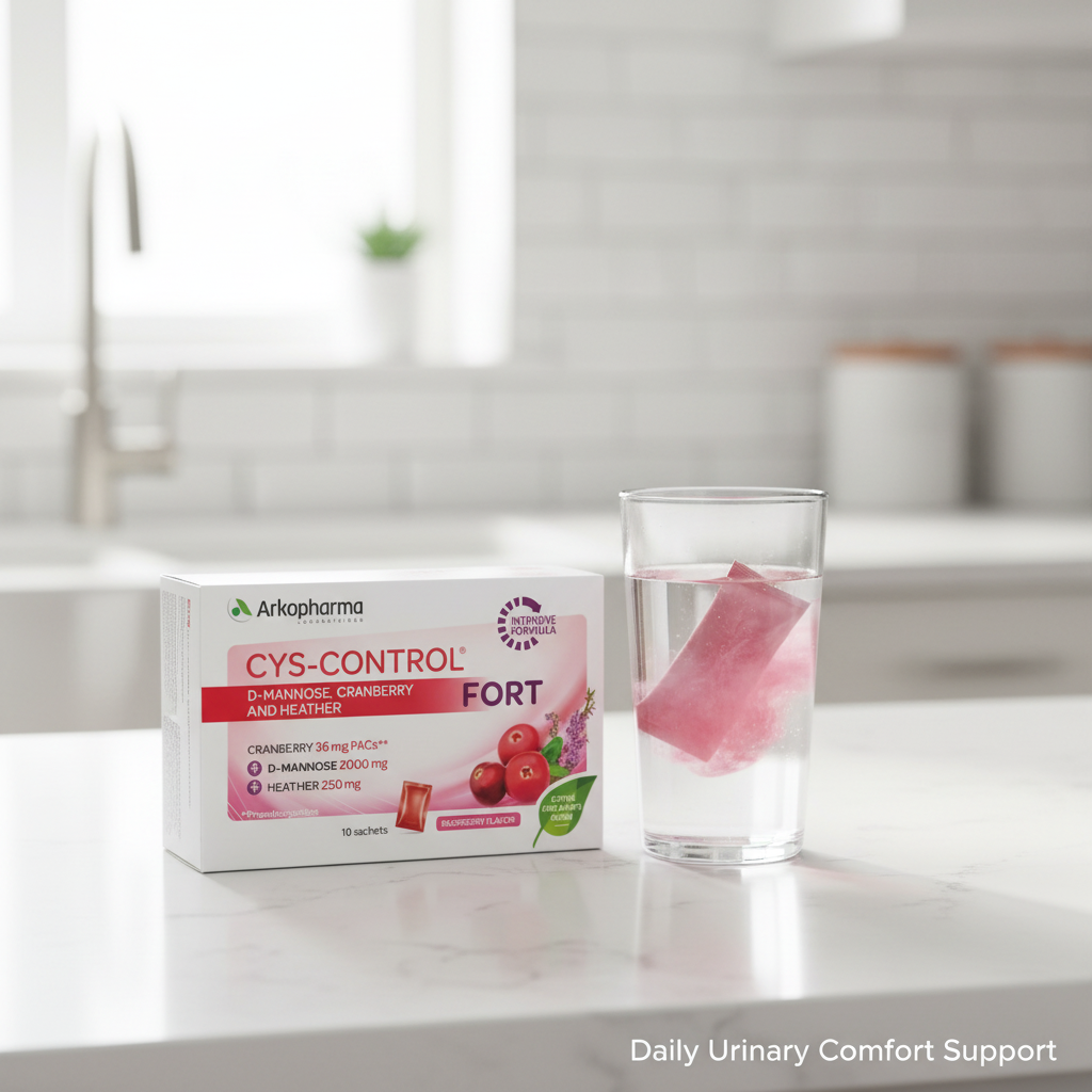 Cys-Control Fort on a kitchen counter with the contnets of the sachet in the glass
