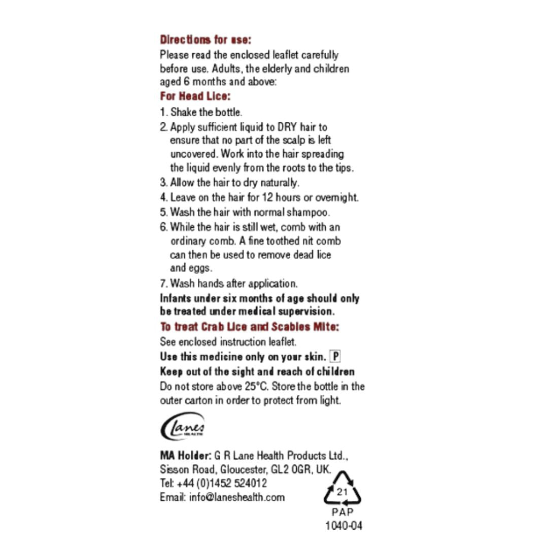 A white square label with red and black text containing directions for use for a head lice treatment, plus the Lanes brand name and MA Holder details.