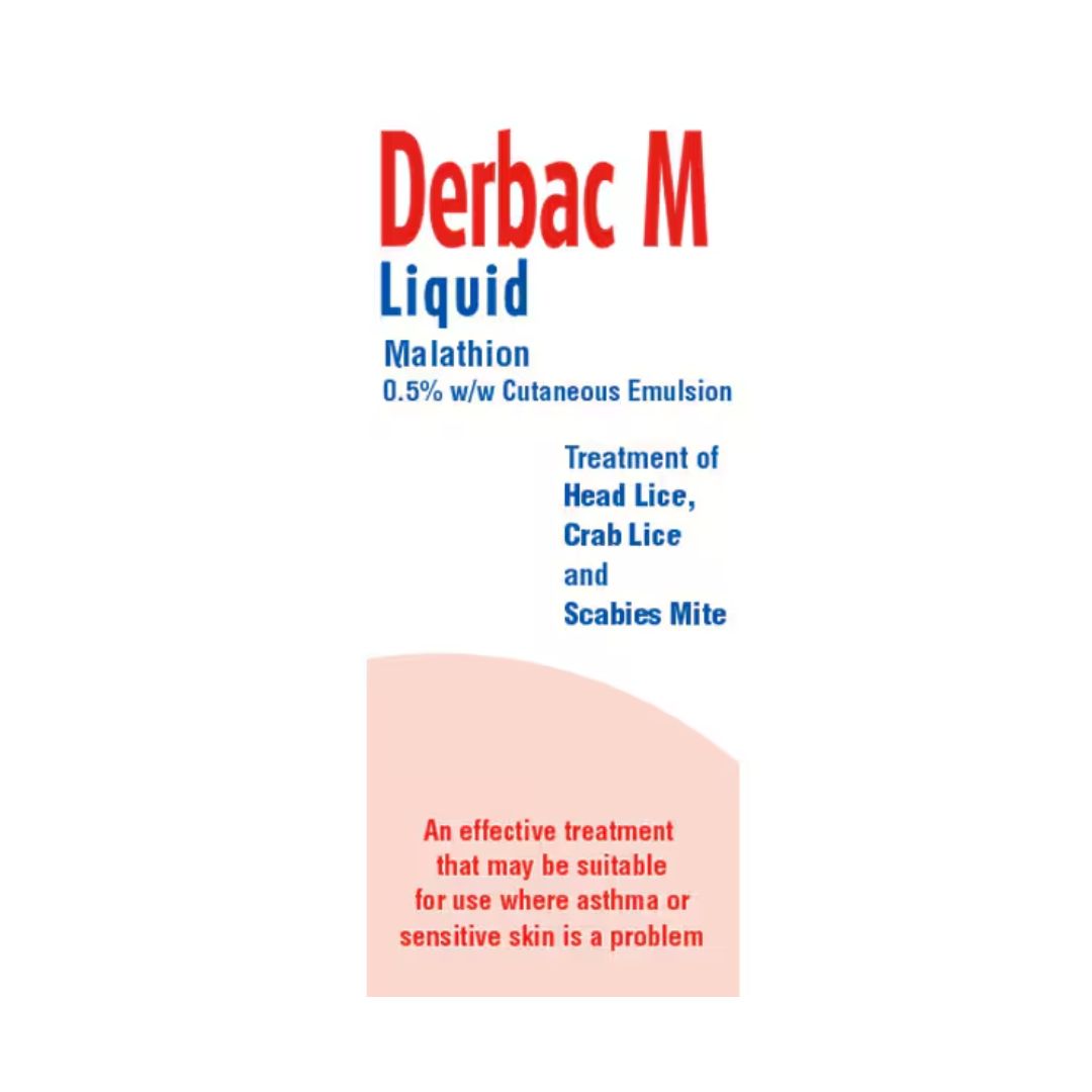 Product packaging label for Derbac M Liquid Malathion 0.5% w/w Cutaneous Emulsion, showing red and blue text on a white background with a pale pink shape at the bottom.