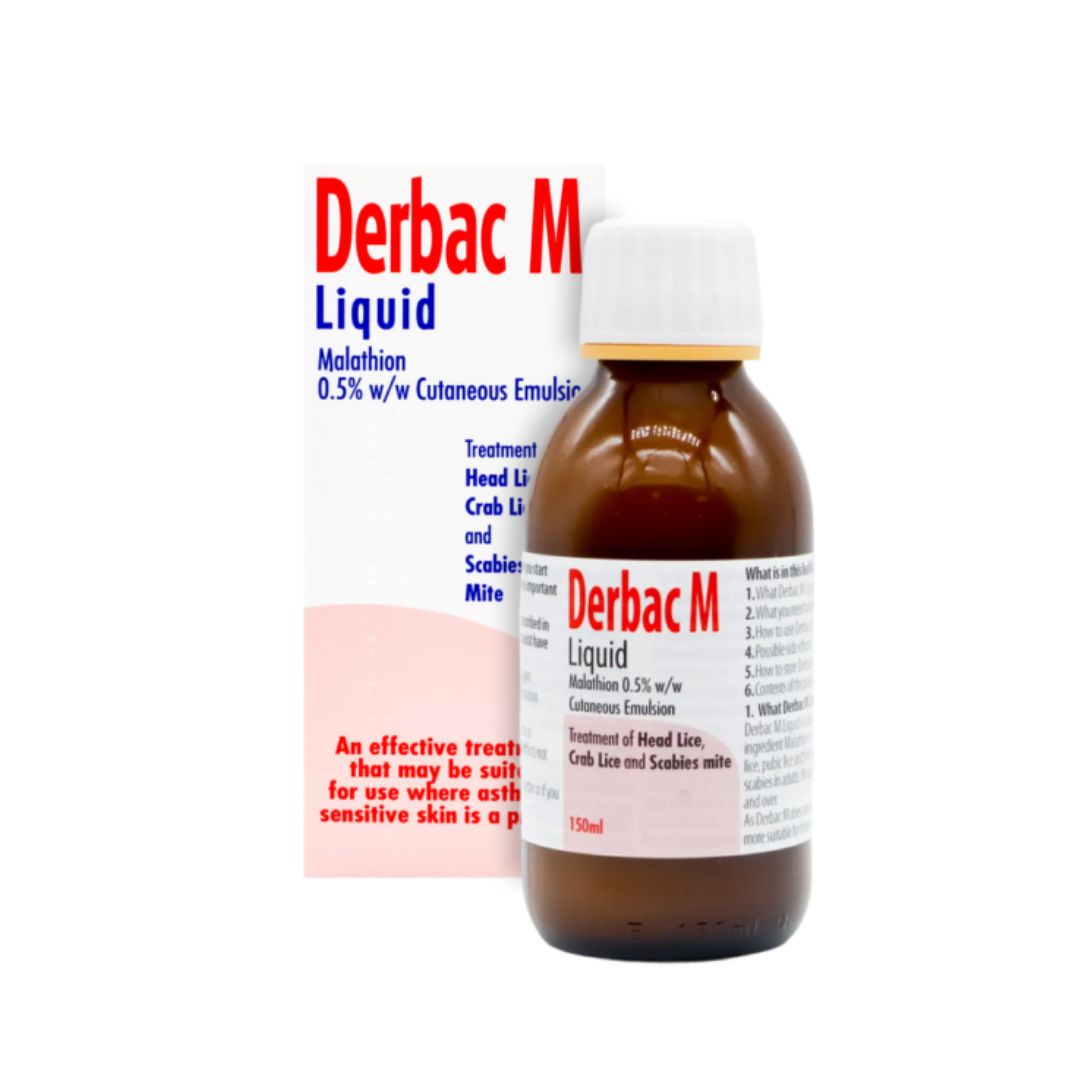 A 150ml amber glass bottle of Derbac M Liquid cutaneous emulsifizer next to its white and red cardboard packaging box, set against a plain white background.