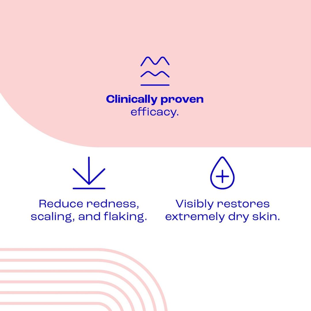 A marketing infographic with a soft pink and white background, featuring blue text and icons. The top text reads 'Clinically proven efficacy.