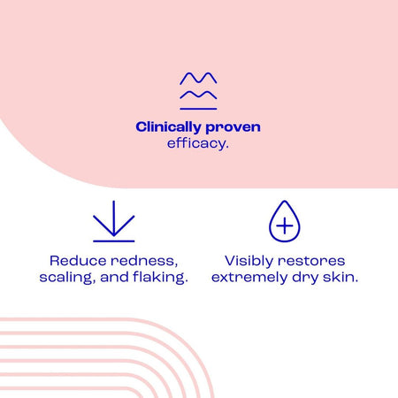 A marketing infographic with a soft pink and white background, featuring blue text and icons. The top text reads 'Clinically proven efficacy.
