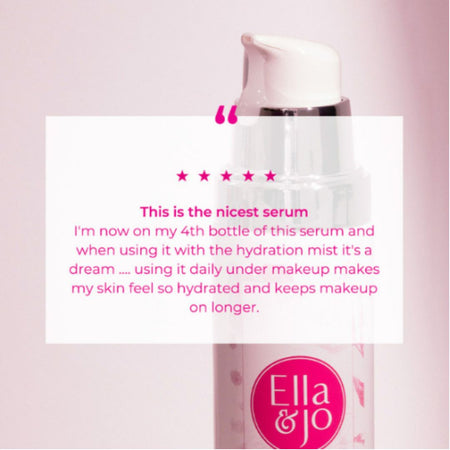 Skincare serum bottle with positive customer review on a pink background