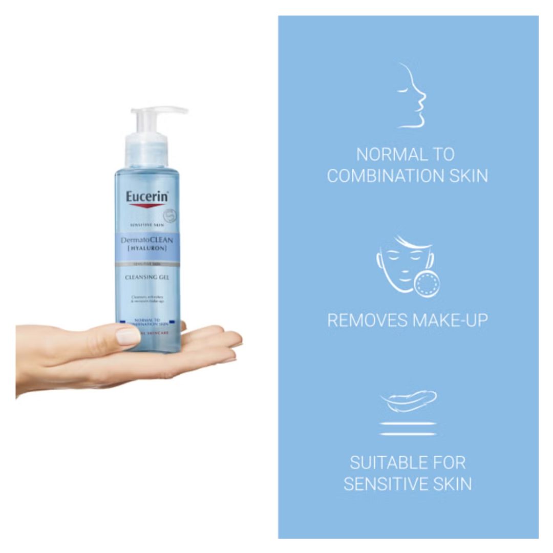 A bottle of Eucerin Dermaceutical Cleansing Gel is held in a person's hand on the left, next to a blue informational panel on the right with white icons and text stating 'NORMAL TO COMBINATION SKIN', 'REMOVES MAKE-UP', and 'SUITABLE FOR SENSITIVE SKIN'.
