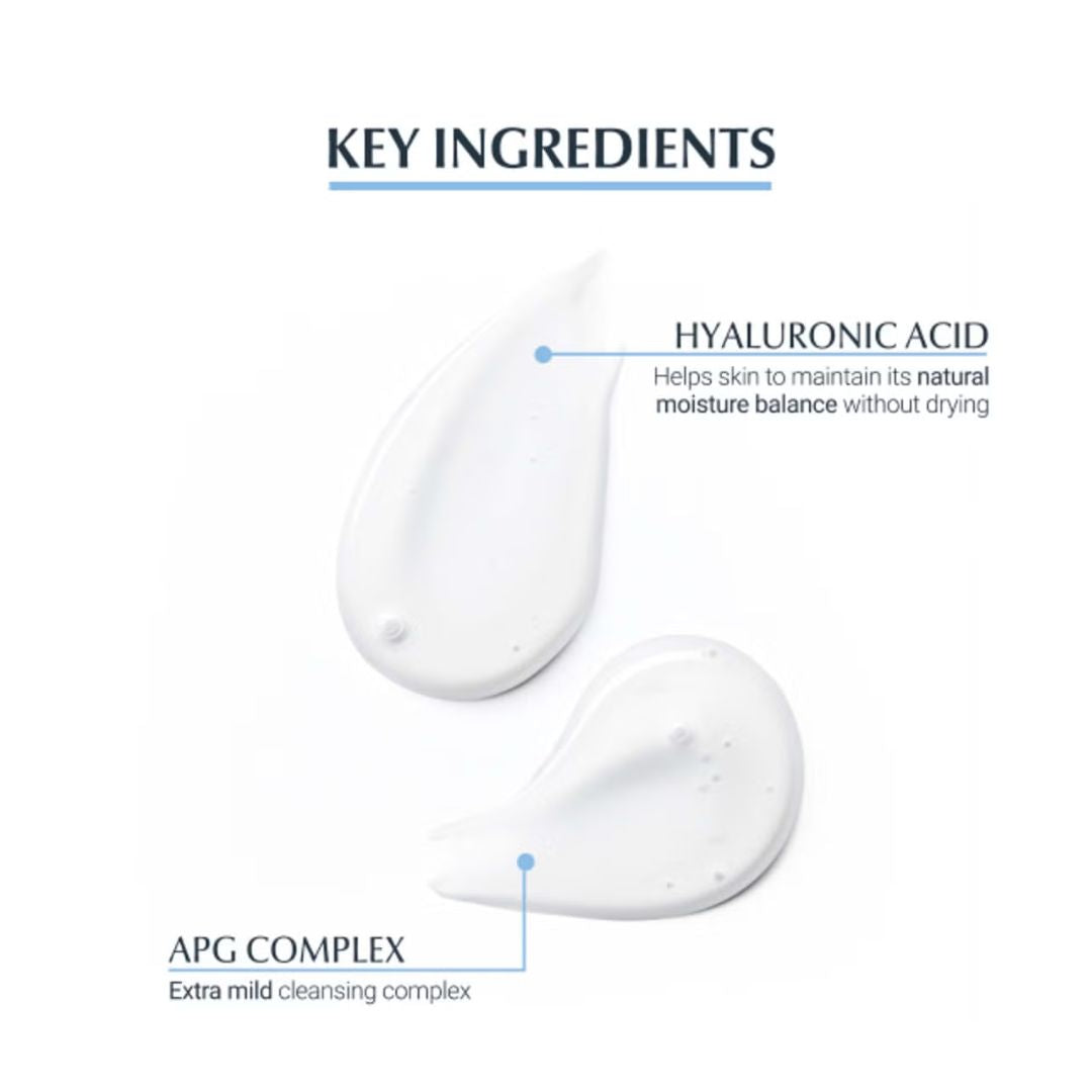 A clean white informational graphic titled 'KEY INGREDIENTS' showing two white cream-like droplets with callouts: 'HYALURONIC ACID' and 'APG COMPLEX' with brief descriptive text.