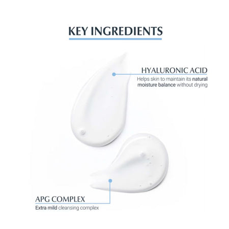 A clean white informational graphic titled 'KEY INGREDIENTS' showing two white cream-like droplets with callouts: 'HYALURONIC ACID' and 'APG COMPLEX' with brief descriptive text.