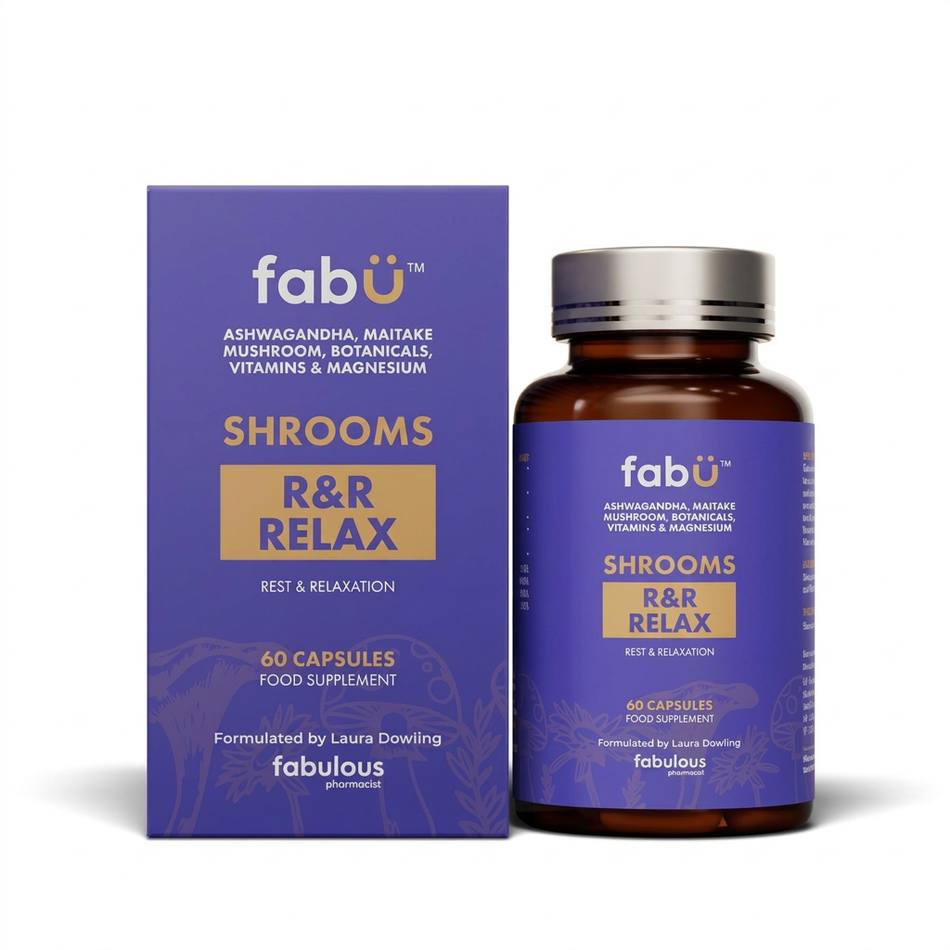 A bottle and box of fabü Shrooms R&R Relax food supplement, featuring a purple label and box with gold and white text, next to an amber bottle with a silver cap on a white background.