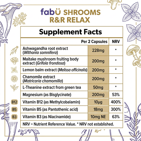 A supplement facts label for fabÜ Shrooms R&R Relax, detailing the ingredients and nutrient values per 2 capsules, with decorative mushroom illustrations in the corners.