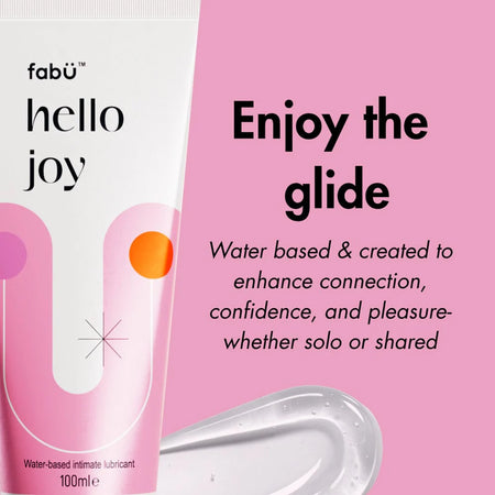 Product packaging of fabu 'hello joy' with promotional text on a pink background