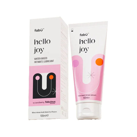 Tube and packaging of FabU Hello Joy Water Based Intimate Lubricant 100ml
ntimate lubricant on a white background