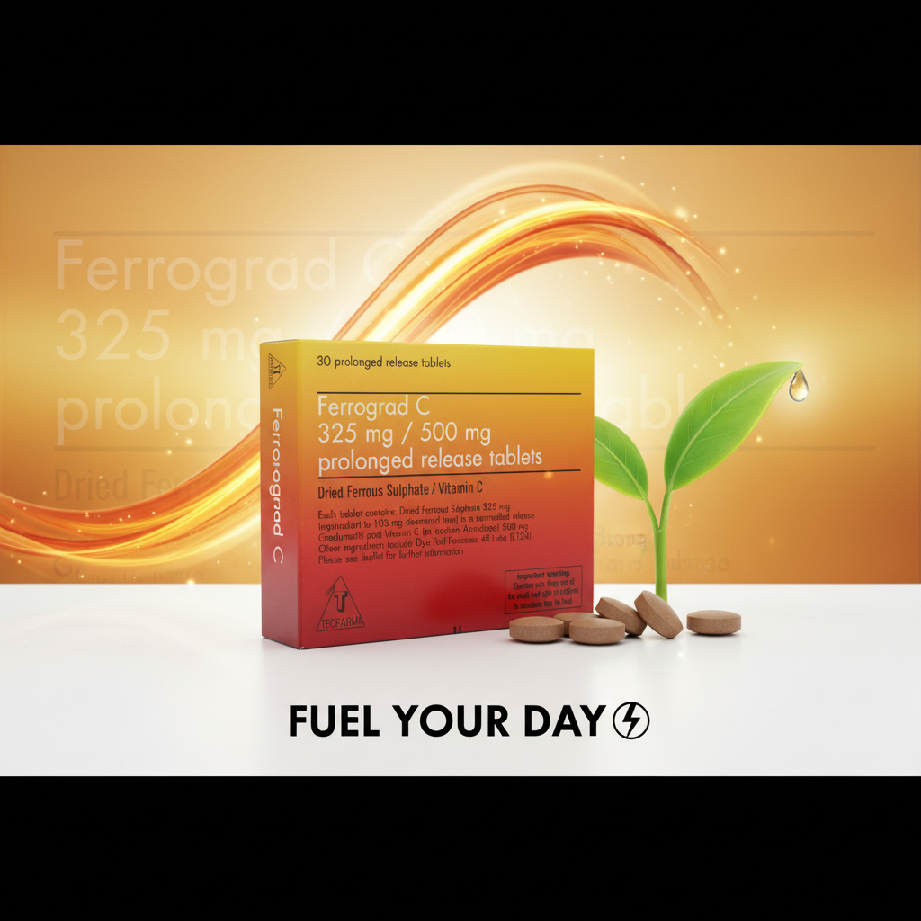 Ferrograd C supplement box with tablets on a white surface against a warm gradient background.
