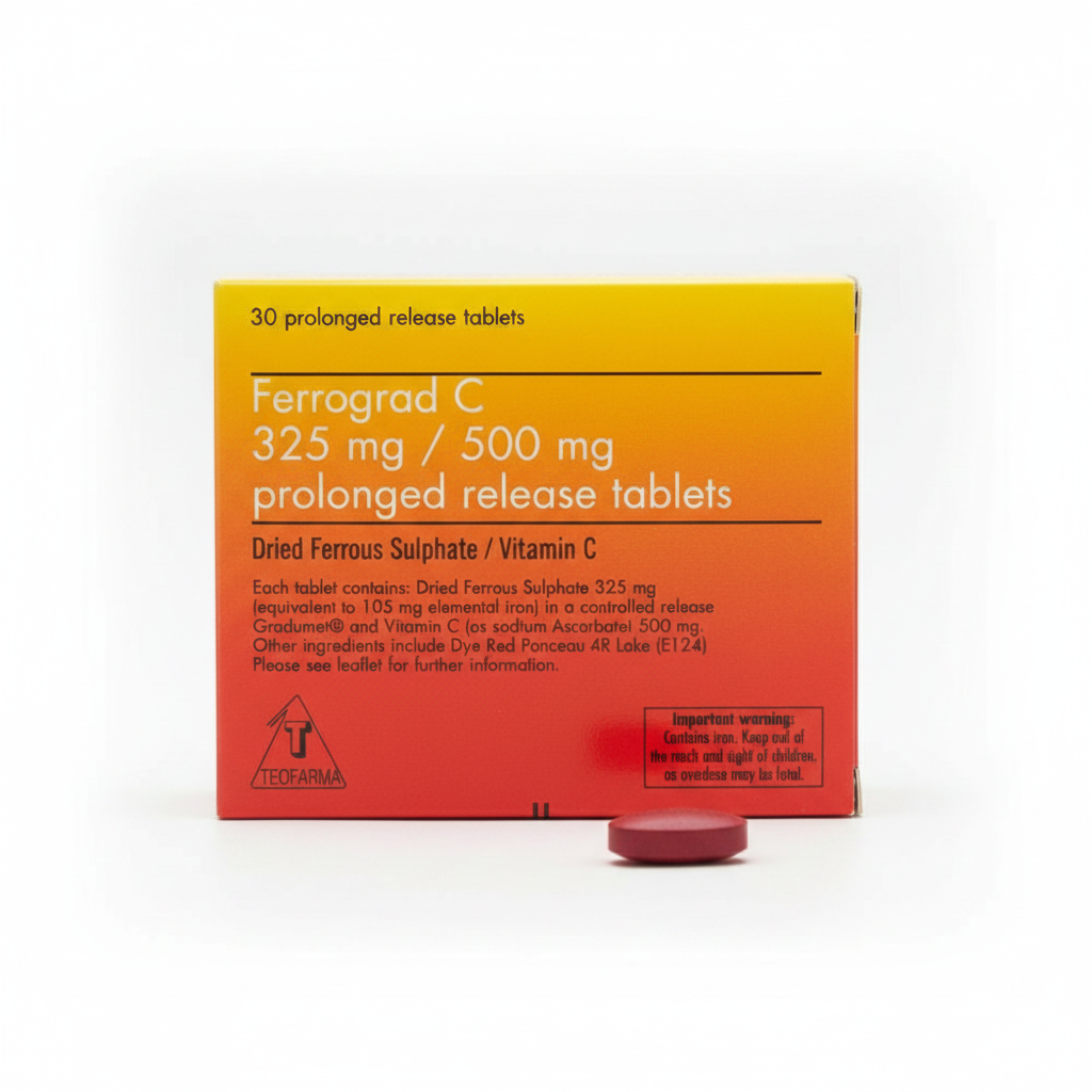 Box of Ferrograd C tablets with a single tablet on a white background