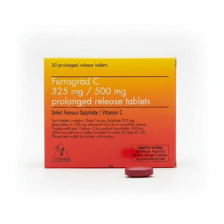 Box of Ferrograd C tablets with a single tablet on a white background